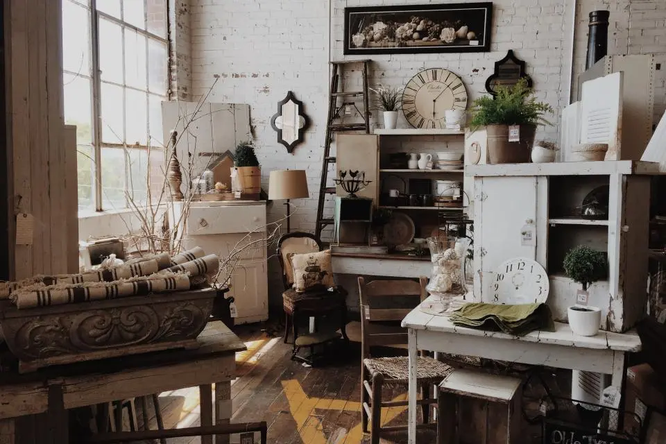 Shop filled with painted vintage furniture in soft chalky colors
