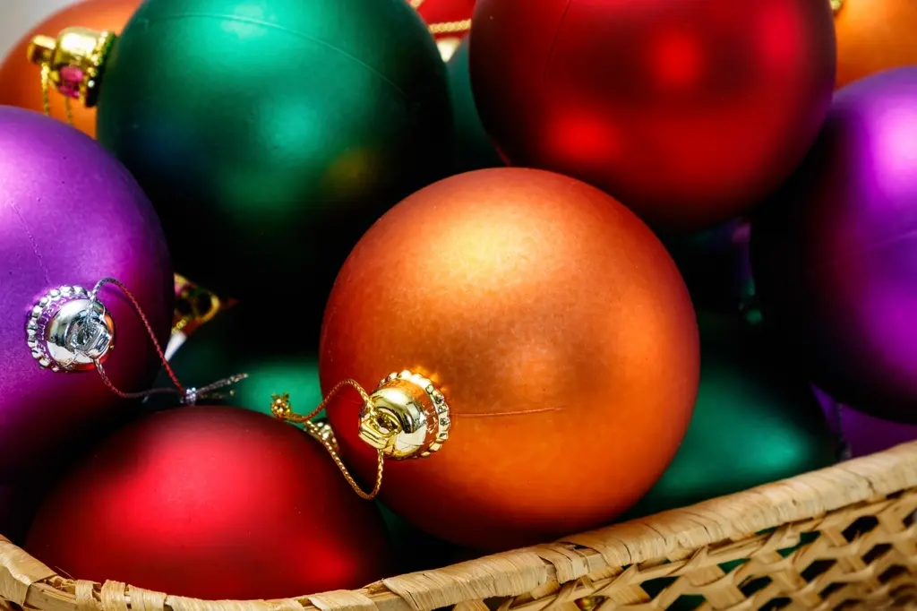 Shiny glass Christmas ornaments in a basket